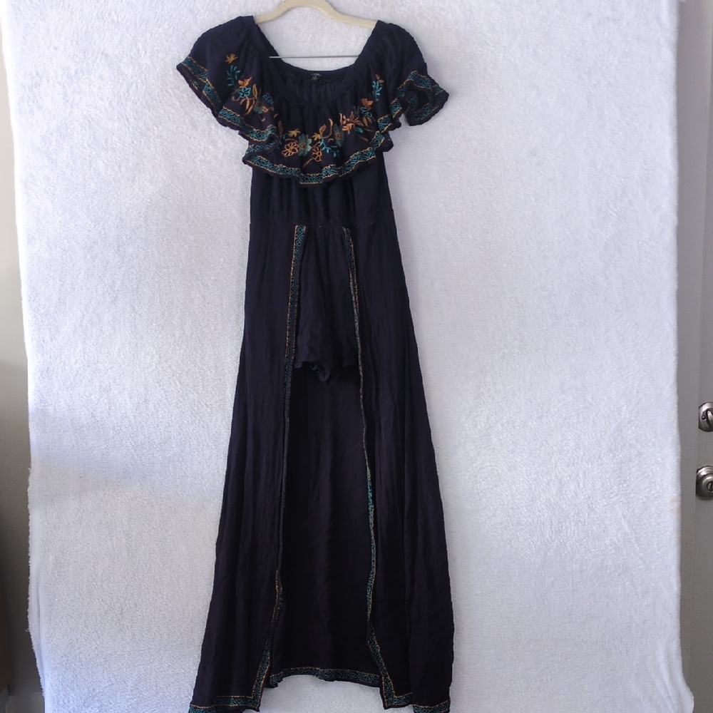 Papaya Junior's Navy Embroidered Off the‎ Shoulder Flowy Romper Size S